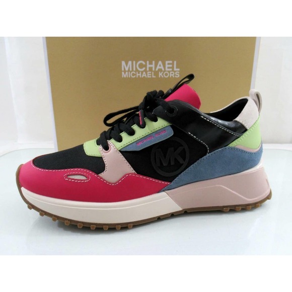 Michael Kors Theo Trainer Lace Up Sneakers Mk Logo Black Leather - Picture 2 of 11